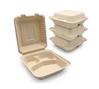 1000 ml, apilable, sostenible, venta al por mayor, desechable, biodegradable, fibra vegetal, caja de almuerzo Bento, 3 compartimentos